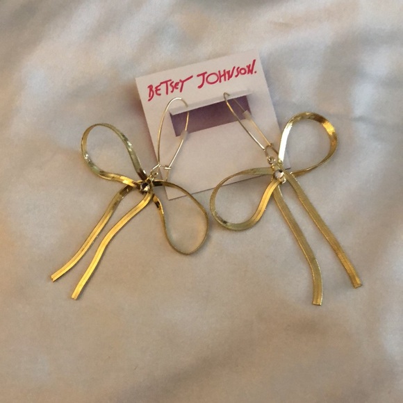 Betsey Johnson Gold Tone Statement Bow Drop Earrings Crystal Accent NWT - Picture 7 of 11